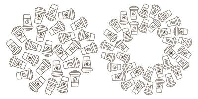 Coffee cups with lid Circular background and Round Frame border Copy space Template concept Set 2. Isolated illustration Thematic cards, posting or web promo leaflet, banner, print materials vector