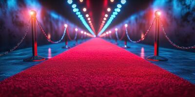 Brightly lit red carpet leading towards an illuminated venue with colorful lighting and velvet ropes at a night event photo