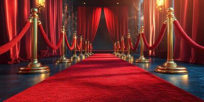Red carpet entry with elegant velvet curtains and golden stanchions at a glamorous event location photo