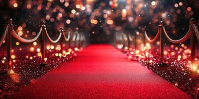 Elegant red carpet leading to a glamorous event with vibrant lights and shimmering bokeh in the background photo