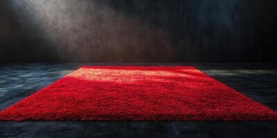 Vibrant red rug positioned in a dimly lit room showcases texture and color contrast photo