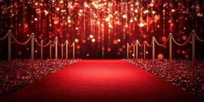 Elegant red carpet entrance with shimmering lights and golden ropes set for a grand event in a luxurious venue photo