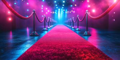 Brightly lit entrance with red carpet and velvet ropes at glamorous event venue during evening lights photo