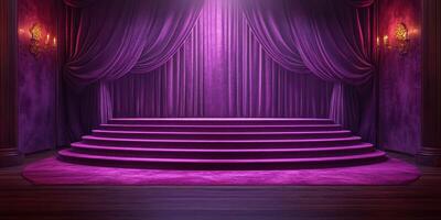 Elegant purple stage setup featuring stepped platform and theatrical curtains in dimly lit venue photo