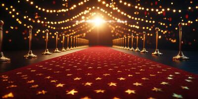 Red carpet pathway lined with stanchions and glowing lights at a glamorous event in a sophisticated venue photo