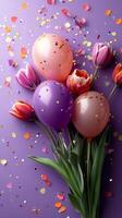 Colorful balloons and vibrant flowers create a festive atmosphere for a celebration on a purple background photo
