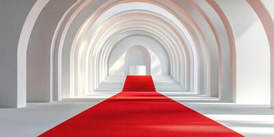 Elegant red carpet leading to a minimalist archway in a bright, spacious environment photo