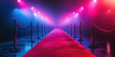 Red carpet event with vibrant lights and barriers, creating a glamorous and inviting atmosphere for guests photo