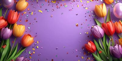 Colorful tulips surround vibrant confetti on a purple background for a festive celebration or spring event photo