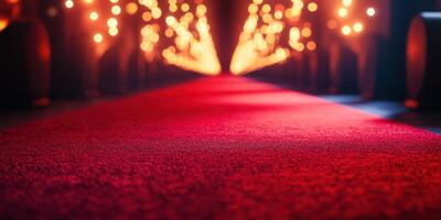 Brightly lit red carpet leading to an event venue with soft glowing lights and a glamorous atmosphere photo