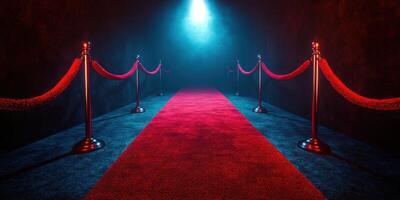 Red carpet walk set in a dark venue with spotlight illuminating the pathway for guests arriving at an event photo