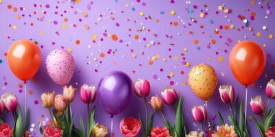 Bright balloons and colorful flowers create a festive atmosphere for a celebration with scattered confetti photo
