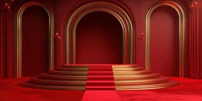 Elegant red stage design featuring arches and steps, perfect for performances or events photo