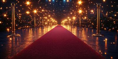 Red carpet lined with golden ropes and sparkling lights creates a glamorous experience for event attendees photo
