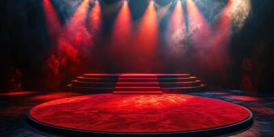 Illuminated stage setup with red carpet and dramatic lighting in a performance venue at night photo