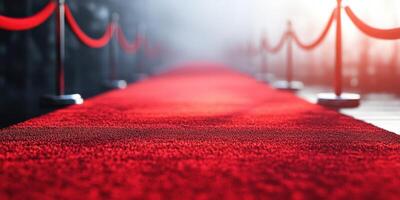 Red carpet leading to an exclusive event with ropes and dramatic lighting in a glamorous outdoor setting photo