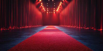 Brightly lit stage with red carpet and curtains ready for performance in an auditorium setting photo
