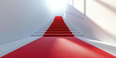 Stairs illuminated by natural light with a striking red carpet leading upward in a modern architectural space photo