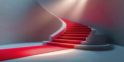 Elegant curved staircase with red carpet leading to an illuminated upper level in a modern interior space photo