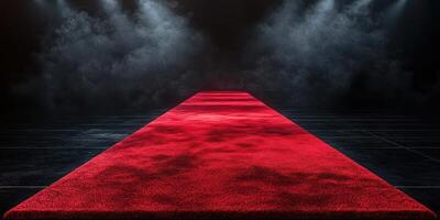 Red carpet runway illuminated by spotlights creates an elegant atmosphere for an exclusive event in a dark setting photo