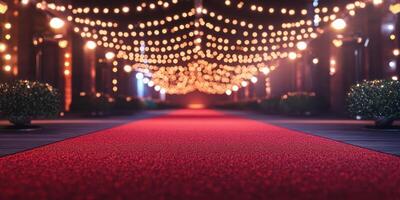Glowing pathway adorned with string lights and red carpet creates an inviting atmosphere for a special event photo