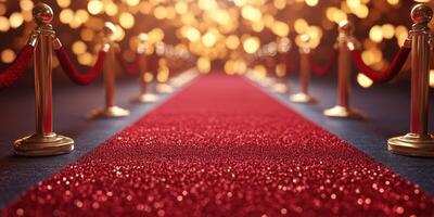 Red carpet leading to an event venue surrounded by shimmering lights during a glamorous evening celebration photo