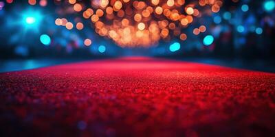 Shimmering red carpet with vibrant bokeh lights in a festive indoor venue during a glamorous event photo