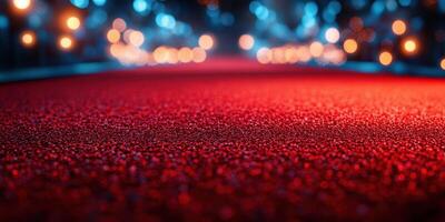 Red carpet laid out for a glamorous event with soft lights shining in the background during evening hours photo