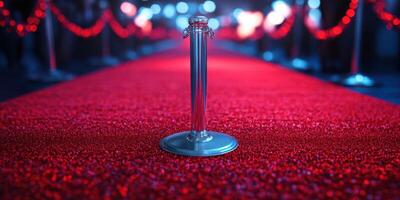 Red carpet lined with velvet ropes and lights in a glamorous event setting during evening hours photo