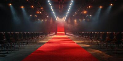 Brightly lit runway with red carpet and empty seats set for fashion show in an indoor venue during night event photo