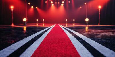 Red carpet leading to a dimly lit stage with bright spotlights in an elegant venue photo