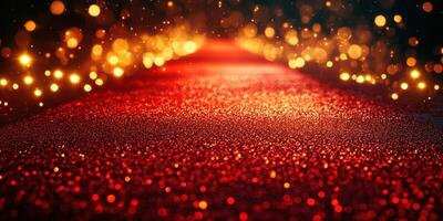 Red carpet leading to a glamorous event illuminated by golden lights in a celebratory atmosphere at night photo