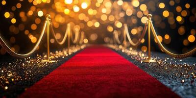 Red carpet event with golden lights and velvet ropes at a glamorous venue creating an elegant atmosphere for celebrities and guests photo