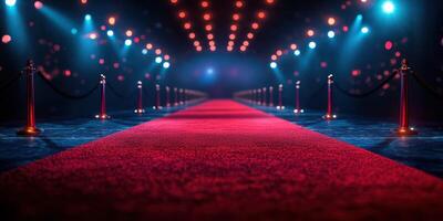 Red carpet leading to a glamorous event with lights shining in the background photo
