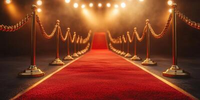 Red carpet leading to a spotlight area with golden stanchions and ropes, creating an elegant atmosphere photo
