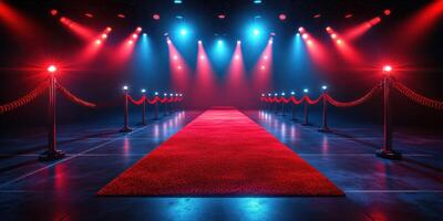 Red carpet event with dramatic lighting and velvet ropes creating an elegant atmosphere for a prestigious occasion photo