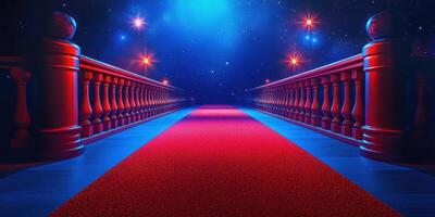 Vibrant red carpet leading to a cosmic destination illuminated by glowing lights at night photo