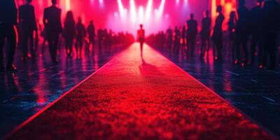 Red carpet event features a dramatic entrance illuminated by vibrant lights and surrounded by an elegant crowd at a nighttime gala photo