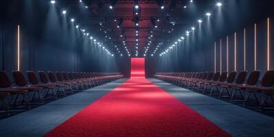 Fashion runway is set with red carpet and bright lights for an upcoming show in an industrial venue photo