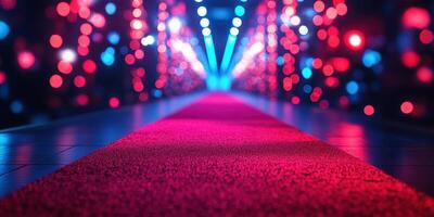 Bright lights illuminate a vibrant red carpet pathway at a glamorous event photo