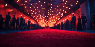 Elegant red carpet event illuminated by warm lights at night with guests mingling in formal attire photo