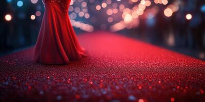 Elegant red dress captures attention on glamorous red carpet at evening gala with twinkling lights in the background photo