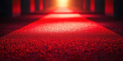 Vibrant red carpet leading to a glowing light in a dramatic indoor setting at dusk photo