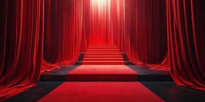 Red carpet entrance with vivid curtains and illuminated stage steps for a grand event celebration photo