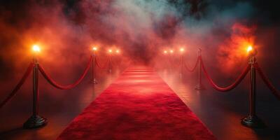 Red carpet event illuminated by flames with a foggy backdrop creating an elegant atmosphere photo