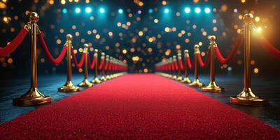 Red carpet event with golden stanchions and bokeh lights in the background at night photo