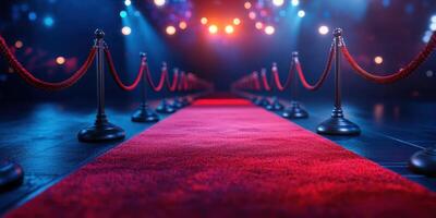 Red carpet leading to spotlighted stage in a dimly lit venue for an exciting event photo