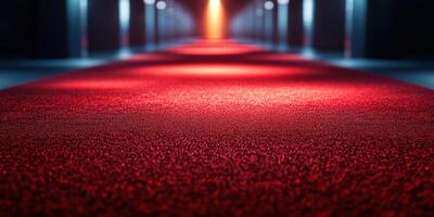 Red carpet leading to illuminated hallway in a modern venue during evening event photo