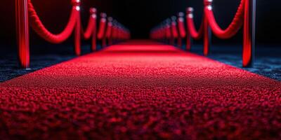 Red carpet leading to an elegant event venue with velvet ropes and dim lighting creating a suspenseful atmosphere photo