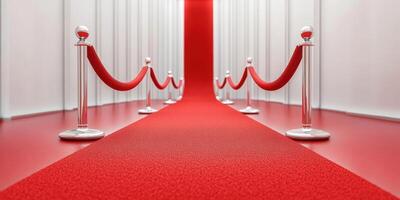Red carpet entrance with velvet ropes leading to a prestigious event venue in a modern interior setting photo